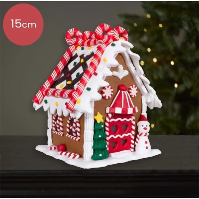 Afbeelding van Bruin Peperkoekhuisje versierd met zuurstokken sneeuwpop kerstboom 15cm