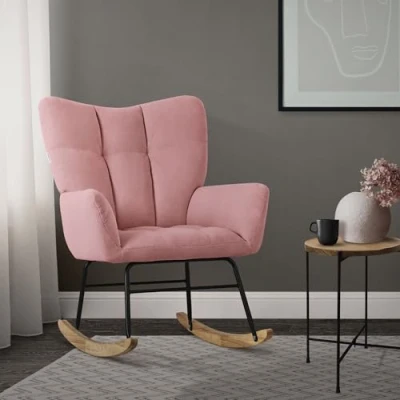 Afbeelding van schommelstoel met armleuningen in badstof roze tot 120 kg naturel hout Relaxfauteuil