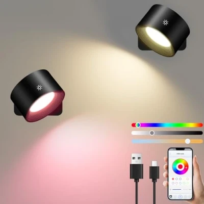 Afbeelding van Diealles Shine Set van 2 dimbare slimme binnenwandlampen zonder stroomaansluiting, 360 graden draaibare batterij, boren, 3 kleurtemperatuurmodi, RGB en