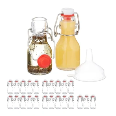 Afbeelding van Relaxdays Set van 25 kleine 50 ml transparante glazen flessen om te vullen voor likeuren en oliën met mechanische sluiting