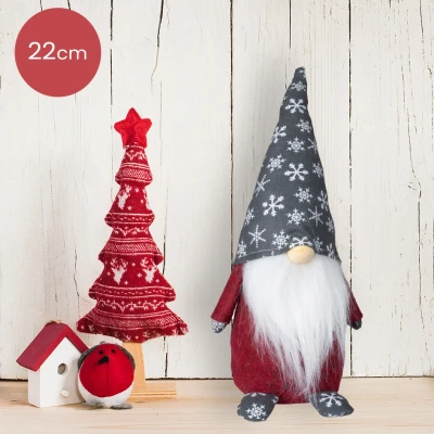 Afbeelding van Rood handgemaakt Gnoom mannetje met grijs/witte sneeuwvlokken muts 22(35)cm