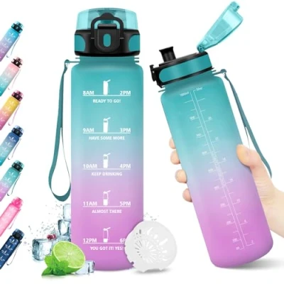 Image de KollyKolla Gourde de sport avec indication du temps, sans fuite, bouteille d&#039;eau BPA, 1 litre pour adulte, enfants, salle sport, course, yoga, bureau