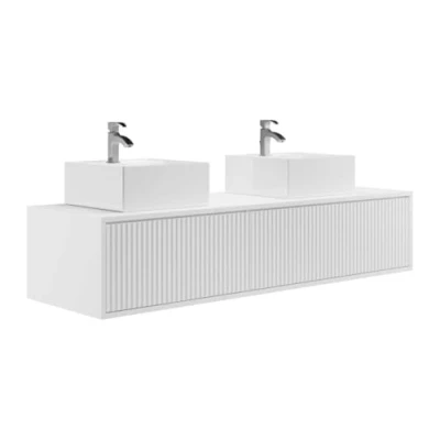 Afbeelding van Zwevend, geribbeld wastafelmeubel met dubbele wastafel Wit 150 cm ARNEGA L x H 32 D 47