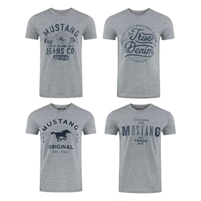 Afbeelding van MUSTANG Set van 4 T shirts voor heren, bedrukt op de voorkant, ronde hals, korte mouwen, regular fit, 100% katoen, zwart, wit, grijs, blauw, groen, maten S, M, L, XL, XXL, 3XL, 4XL, 5XL, 6XL