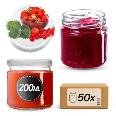 Afbeelding van KADAX Set van 50 kleine jampotten, 200 ml, ronde mini potjes voor honing en specerijen, luchtdichte weckpotten, voorraadpotten glas (aardbeien