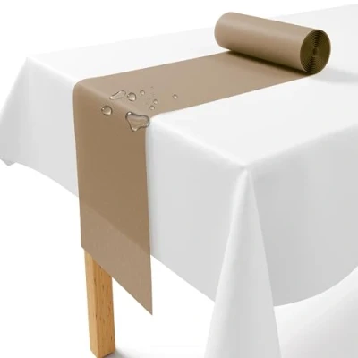 Afbeelding van Tafelloper, vlies, beige, 30 cm x 25 m, wegwerp, elegante tafeldecoratie voor bruiloft, communie, doop, verjaardag, Kerstmis en bierfeesten
