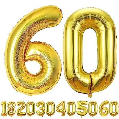 Afbeelding van Gouden ballon 60 jaar 101 cm 60e verjaardag decoratie folieballon in cijfervorm helium vliegt verjaardagsdecoratie voor mannen en vrouwen
