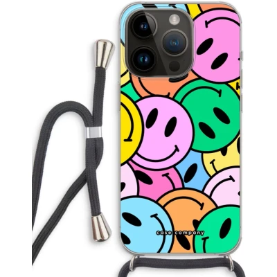 Afbeelding van Case Company® hoesje met Koord geschikt voor iPhone 14 Pro Smiley N1 Telefoonhoesje Zwart Extra Bescherming aan alle Kanten en Over de Schermrand
