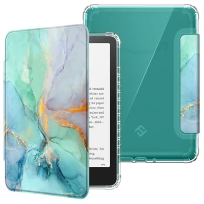 Afbeelding van FINTIE Hoesje voor Kindle Paperwhite 2024 (12 Gen) en Colorsoft Signature Edition (1 Gen), lichtgewicht, transparante zachte TPU achterkant met automatische wekker/slaap, smaragd marmer
