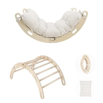Afbeelding van MAMOI® Klimboog met kussen, klimdriehoek, baby klimmen, houten boog voor kinderen, speelplaats, klimframe binnen vanaf