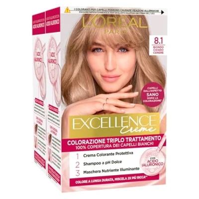 Afbeelding van 2 x L&#039;Oréal Paris Excellence crèmes, permanente haarkleur, 8.1, lichtblond, asblond, drievoudige behandeling, tinten