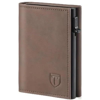 Afbeelding van TENBST Portefeuille pour homme avec compartiment pièces de monnaie et protection RFID fin 8 emplacements cartes en cuir marron, 10*7*2.2,