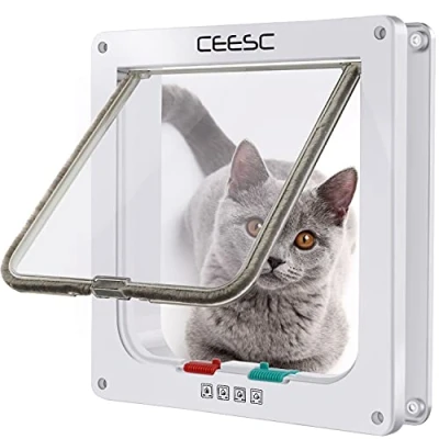Afbeelding van CEESC kattenluik, afsluitbaar 4 weg voor katten, kleine honden, eenvoudig te installeren en gebruiken (L, wit)