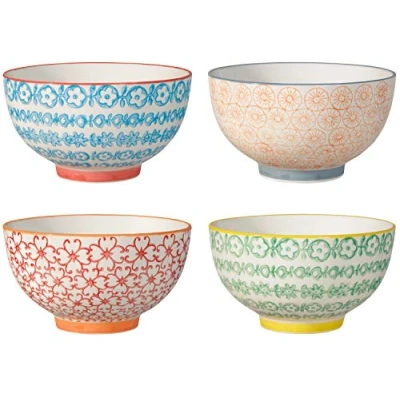 Afbeelding van Carla Express Retro Cereal Bowls vintage kleine serveerschaal 13,5 cm blauw oranje groen rood keramiek set van 4 inhoud ca. 420 ml