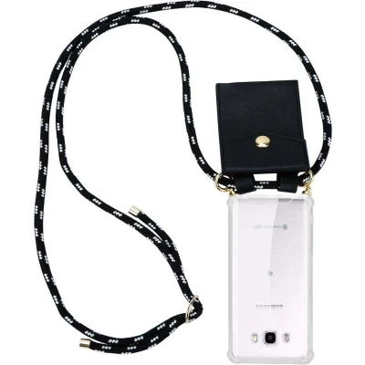Afbeelding van Cadorabo Hoesje geschikt voor Samsung Galaxy J7 2016 in ZWART ZILVER Silicone Mobiele telefoon ketting beschermhoes met gouden ringen, koordriem en afneembare etui