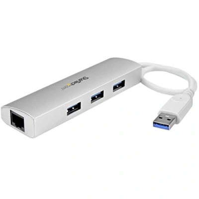 Afbeelding van 3 Poorts draagbare aluminium USB 3.0 hub met Gigabit Ethernet netwerkadapter geïntegreerde kabel