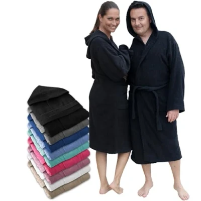 Afbeelding van LEBENGOOD Uniseks badjas met capuchon, 100% katoen, badstof, 400 g, zakken, zachte badjas, douchehanddoek voor dames, zwart.