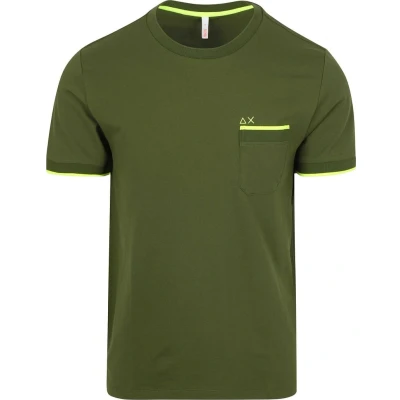 Afbeelding van Sun68 Piqué T Shirt Fluo Stripe Army Groen maat M Heren met Modern fit Pasvorm Stretch