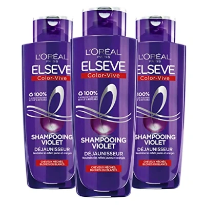 Image de L&#039;Oréal Paris Lot de 3 Shampooings Violet Déjaunisseur Pour Cheveux Blonds, Décolorés, Méchés ou Blancs Neutralisation des Reflets Jaunes &amp; Orangés Elseve Color Vive 3x 200 ml