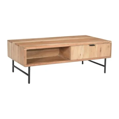 Afbeelding van Vente unique Salontafel met 2 laden en vakken van acaciahout zwart metaal Licht natuurlijk ALEVIA L 120 cm x H 40 D 60