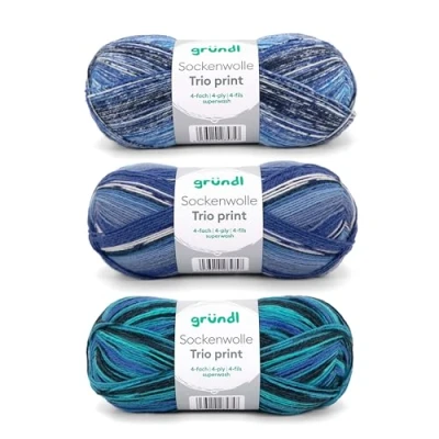 Afbeelding van Gründl Trio Sokkenwol, 3 x 100 g (75% scheerwol (Superwash), 25% polyamide) + handleiding (mogelijk niet beschikbaar in het Nederlands), blauw/groen