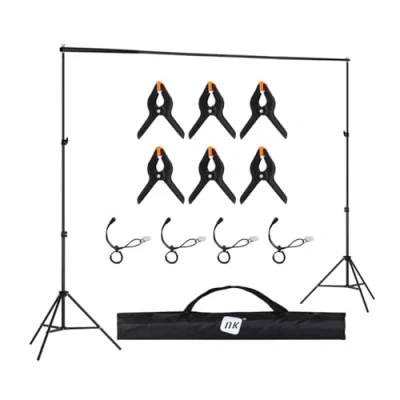 Afbeelding van NK Achtergrondstandaard voor professionele fotografie, 2 x 3 meter, verstelbaar en intrekbaar, statieven, 1 in elkaar grijpende dwarsbalk, 6 klemmen, 4 klittenbandklemmen aan de zijkant, draagtas
