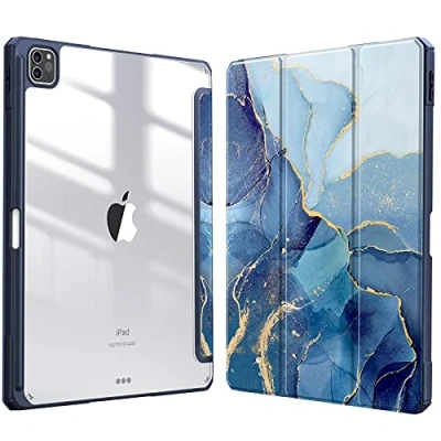 Afbeelding van Fintie Hoes voor iPad Pro 12.9 2021 (5e Generatie)/ 2020/2018 [Ingebouwde Penhouder] Schokbestendige Cover met Transparant Harde Schaal Terug Beschermhoes, (Z Oceaan Marmer)