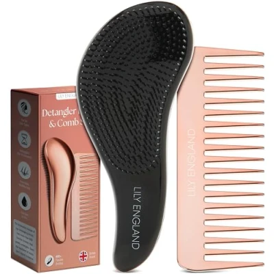 Afbeelding van Lily England Ontwartbare haarborstel en kamset Beste Ontwarringsborstel voor nat, droog, krullend, dames kinderhaar met kam brede tanden (roségoud)