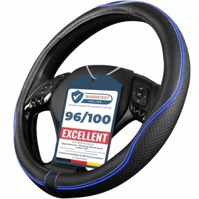 Afbeelding van Upgrade4cars Auto Stuurhoes Leer Look Blauw Zwart Universele Stuurwiel hoes 37 39 cm / 14,5 15 Inch Accessoires Interieur voor Vrouwen &amp; Heren