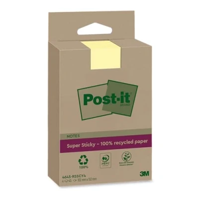 Afbeelding van Post it Super zelfklevend notitieblok, 100% gerecycled, XXL, kanariegeel, gelinieerd, 4 blokken, 45 vellen per blok, 102 mm x 152 mm, extra zelfklevende notities van gerecycled papier