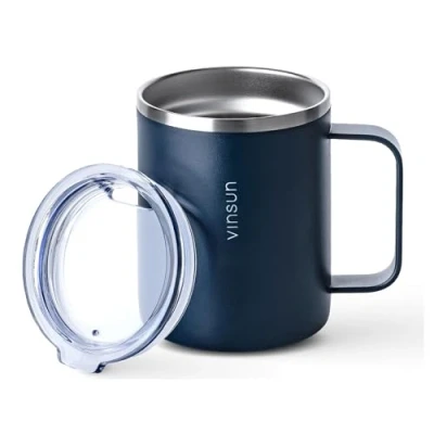 Afbeelding van VINSUN Thermosbeker met handvat, 350 ml, koffiemok om mee te nemen, roestvrij staal, dubbelwandig geïsoleerd, deksel drinkopening, thermobeker voor op reis,