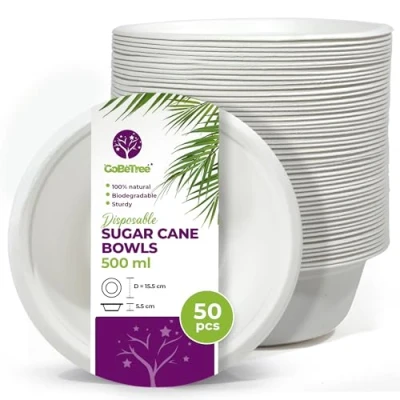 Afbeelding van 50 stuks wegwerp suikerriet papieren kommen 500 ml extra sterk biologisch afbreekbaar wegwerpservies wit voor feestjes en ontbijt bagasse
