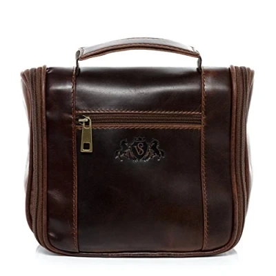 Afbeelding van SID &amp; VAIN Heathrow Hangende Toilettas van echt leer, om op te hangen, voor dames en heren, bruin, handgemaakt, Bruin/Cognac, M, toilettas,