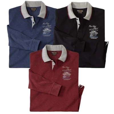 Afbeelding van ATLAS FOR MEN Set van 3 poloshirts voor heren 60% katoen 40% polyester lange mouwen verkrijgbaar in grote maten M tot 5XL, Bordeaux, marineblauw, nachtzwart