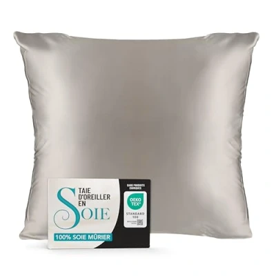 Afbeelding van Dreamzie Zijden kussensloop 60 x cm, 100% zijde 19 momme, Oeko Tex® gecertificeerd Weldadig voor haar en huid Anti aging Beschermt tegen mijten Zilvergrijs (Gris Argenté)