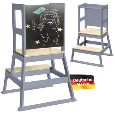 Afbeelding van Baby Vivo Learning Tower Grijs met krijtbord, keukentoren, leertoren peuters , Opstapje, Kindertrap
