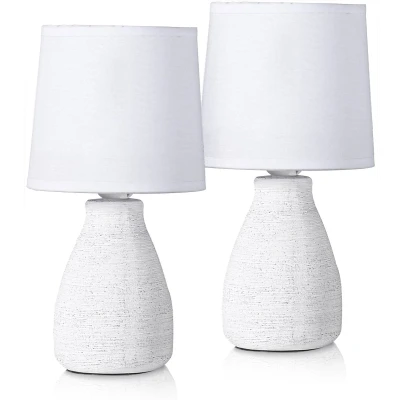Afbeelding van BRUBAKER Set van 2 tafellampen Bedlampjes Decoratieve Keramische lampvoeten Katoenen Lampekap Landhuis Shabby Chic 28 cm Wit