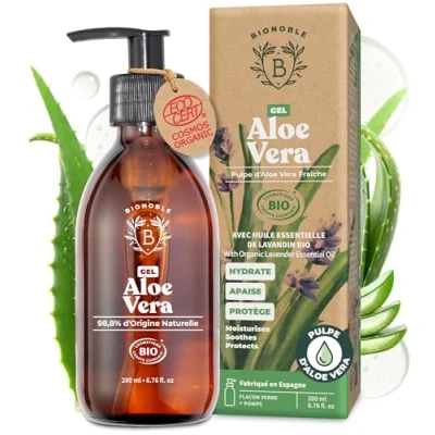 Image de Bionoble Gel Aloe Vera Bio Cheveux Bouclés, Hydratant Visage, Soin Coup de Soleil Corps Bouteille en Verre + Pompe 200ml