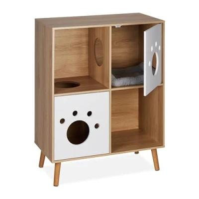 Afbeelding van Relaxdays XXL kattenkast op poten kattenhuis kattenmeubel 4 vakken houtlook