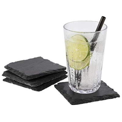 Afbeelding van APS Platen van natuurlijke leisteen, 10 x cm, 4 stuks, vierkante onderzetters/glazen onderzetters leisteen met antislipvoetjes