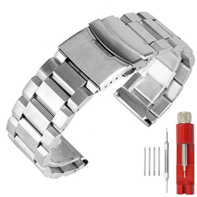 Afbeelding van Massief dubbele sloten Roestvrij stalen horlogeband, geborsteld afwerking horloge vervanging metalen armband voor mannen vrouwen 18 mm 20 22 24 mm, zwart zilver, 22mm, staal