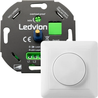 Afbeelding van Ledvion Led Dimmer 5 tot 150 Watt, Universele Incl. Afdekplaat, Inbouw, Schakelaar, afdekraam, Dimmer+ Afdekplaat