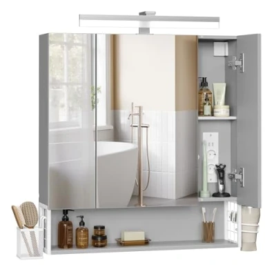 Afbeelding van VASAGLE Badkamerkast met 3 deuren, spiegelkast, kast, wandstopcontact, hangmand, haardrogerhouder, grote opbergruimte, voor badkamer, 16,5 x 70 75 cm,