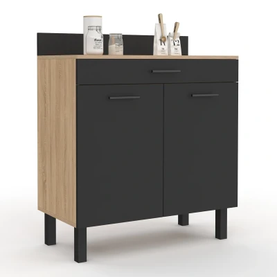 Image de Buffet bas de cuisine 80 cm CINA plan travail H.83 2 portes + tiroir façon hêtre et noir IDMarket