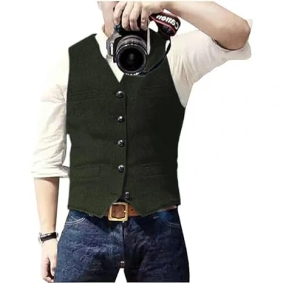 Afbeelding van Solovedress Casual wollen visgraatvest voor heren, V hals, tweed gilet bruiloft, legergroen
