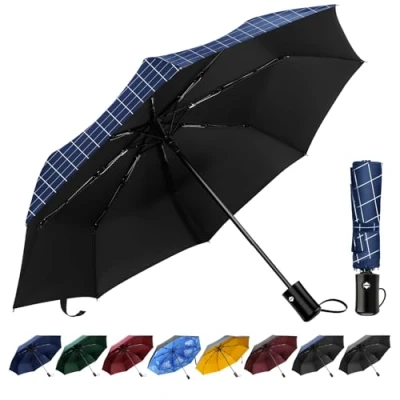 Afbeelding van TechRise Automatische opvouwbare paraplu, paraplu voor heren, hoogwaardige compacte weerstand regenbestendige reisparaplu mannen en vrouwen, antislip handvat, Blauw/Vierkanten