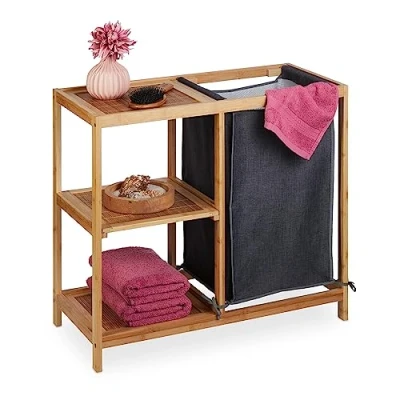 Afbeelding van wasmand rek bamboe 3 planken 65 x 68 33 cm 50 l badkamerrek natuur grijs