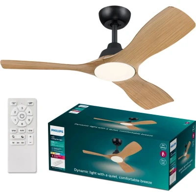 Afbeelding van Philips Olas Ventilator Energiezuinige LED verlichting Plafondlamp Instelbare kleurtemperatuur 24W 107cm diameter Afstandsbediening Zwart met houtlook