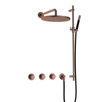 Afbeelding van Hotbath Cobber Regendoucheset IBS70 Geborsteld Koper PVD Staaf handdouche 30cm Hoofddouche Wandarm Handouche met glijstang