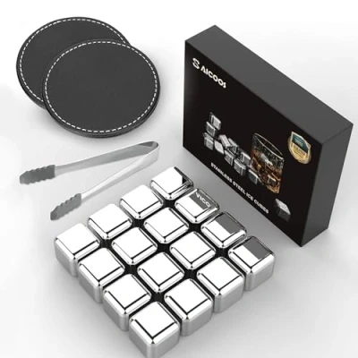 Afbeelding van Saicoos Whiskey Stones 16 X herbruikbare ijsblokjes, hoge koeltechnologie, roestvrijstalen voor whisky, wodka, likeuren, wijn, dranksap of frisdrank, pak van stuks..